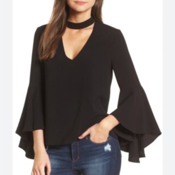 Wayf Tops - Wayf Black Ruffled Bell Sleeve Blouse